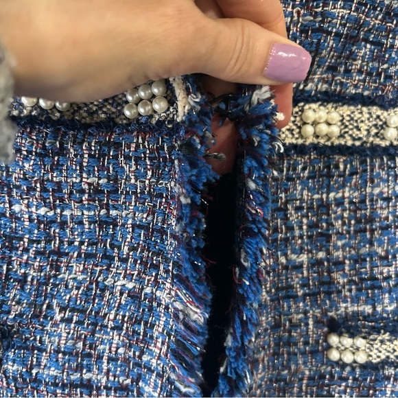 Zara Basics Trendy Blue and White Tweed Blazer with Pearl Trim Size XS - Picture 15 of 17